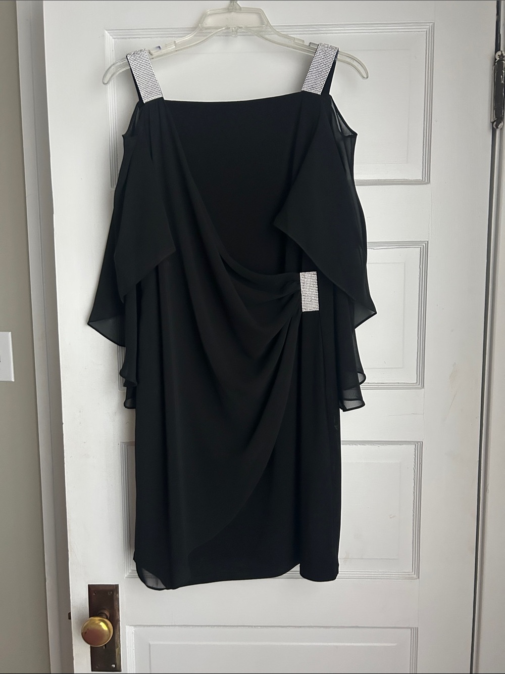 MSK Black Cold-Shoulder Midi Dress with Crystal Straps